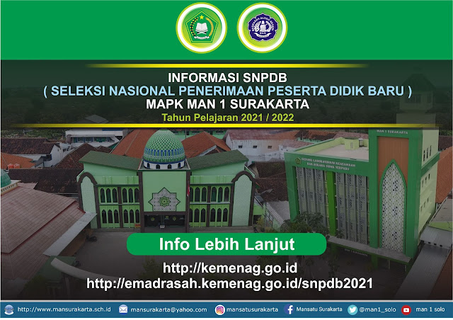 INFORMASI SNPDB ( Seleksi Nasional Penerimaan Peserta Didik Baru ) MAPK MAN 1 Surakarta Tahun Pelajaran 2021 / 2022