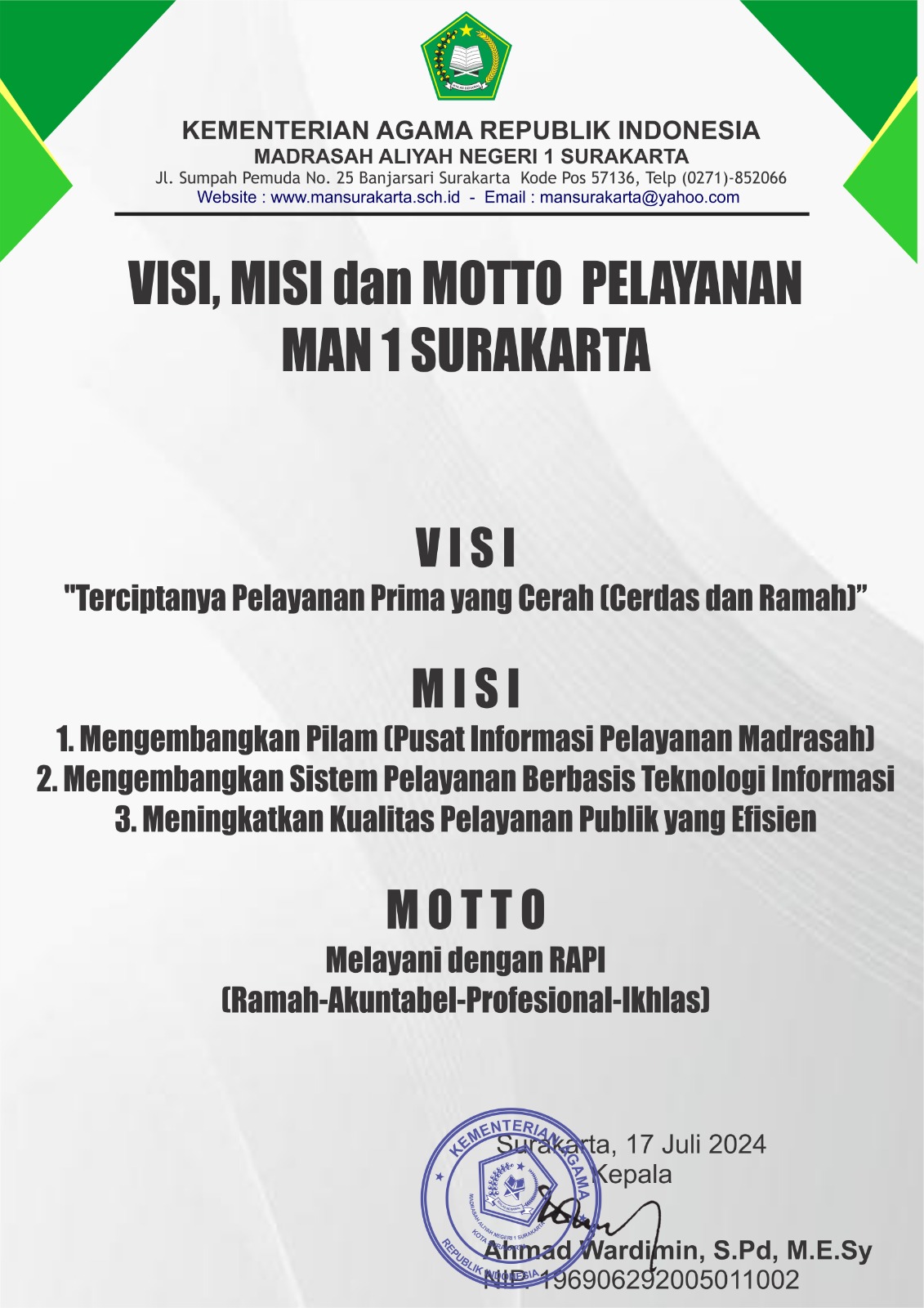 Maklumat Layanan PILAM MAN 1 Surakarta